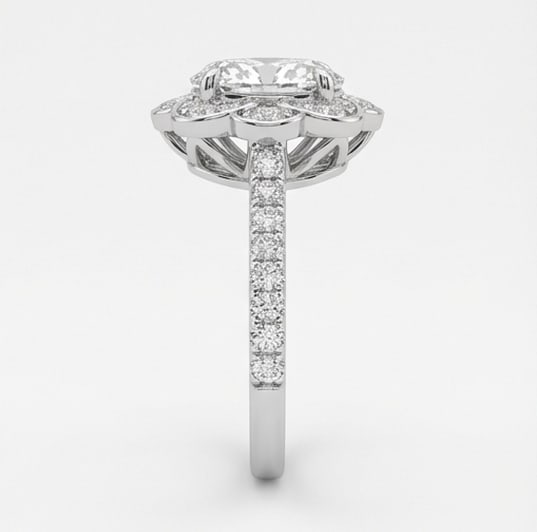 Floral Scalloped Halo (Cluster Style) Oval Cut 5 ct Lab-Grown Diamond Ring in 14K White Gold - 3