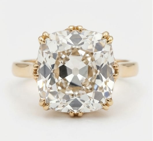 Antique Solitaire with Crown Prongs Cushion Cut (Old Mine) 5 ct Lab-Grown Diamond Ring in 14K Yellow: Title: Antique Solitaire with Crown Prongs Cushion Cut (Old Mine) 5 ct Lab-Grown Diamond Ring in 14K Yellow Gold Description: This refined antique solitaire with crown prongs ring features a 5 ct lab-