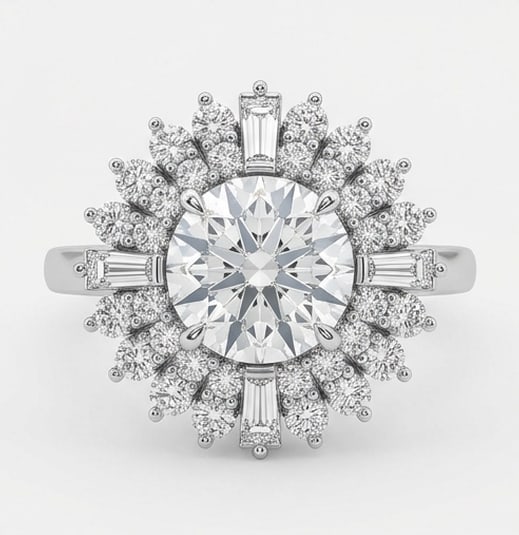 Art Deco "Starburst" Ballerina Halo Round Brilliant 3 ct Lab-Grown Diamond Ring in 14K White Gold: Title: Art Deco "Starburst" Ballerina Halo Round Brilliant 3 ct Lab-Grown Diamond Ring in 14K White Gold Description: This refined art deco "starburst" ballerina halo ring features a 3 ct lab-grown di