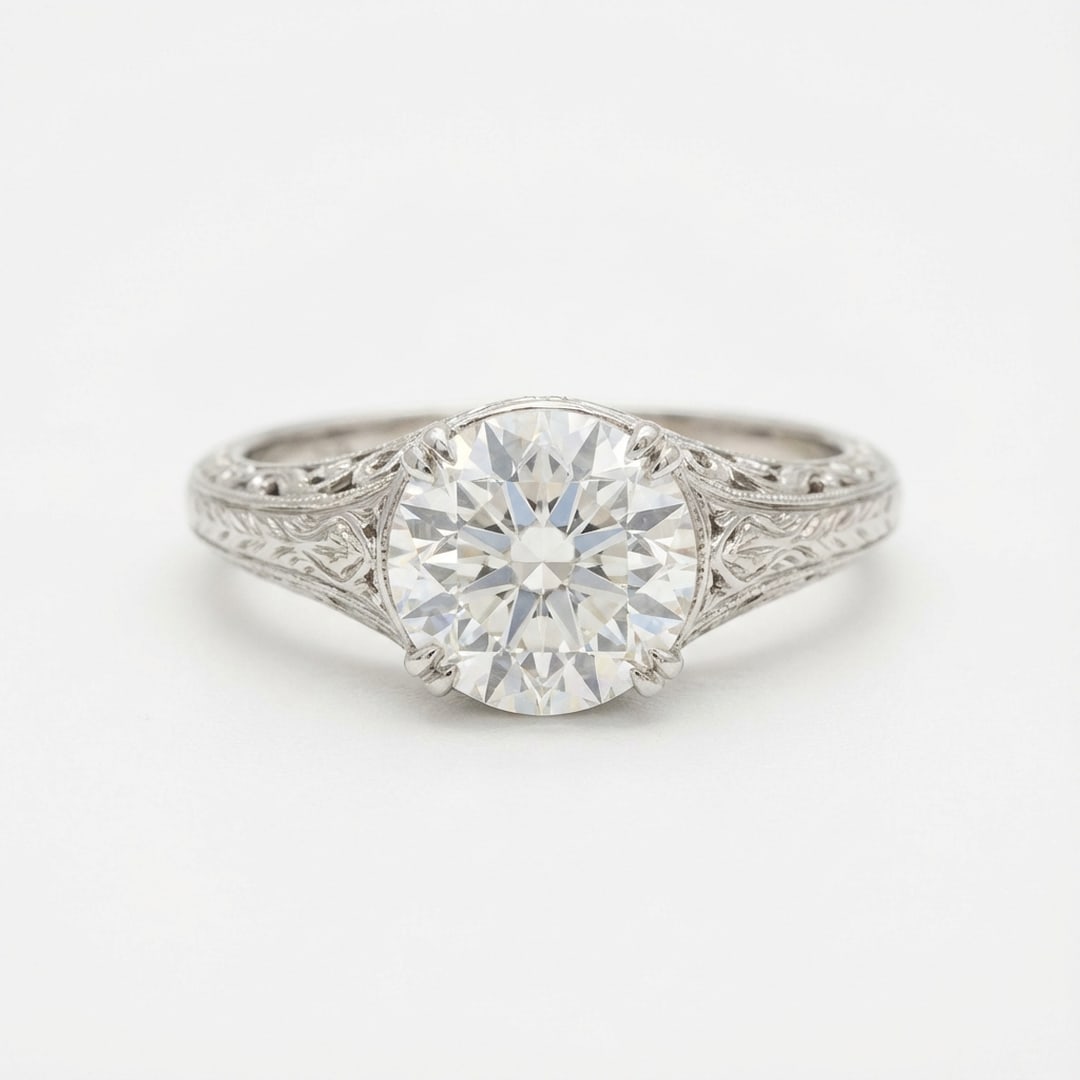 Vintage Solitaire with Scroll/Wheat Engraving Round Brilliant 2 ct Lab-Grown Diamond Ring in 14K: Title: Vintage Solitaire with Scroll/Wheat Engraving Round Brilliant 2 ct Lab-Grown Diamond Ring in 14K White Gold Description: This refined vintage solitaire with scroll/wheat engraving ring features