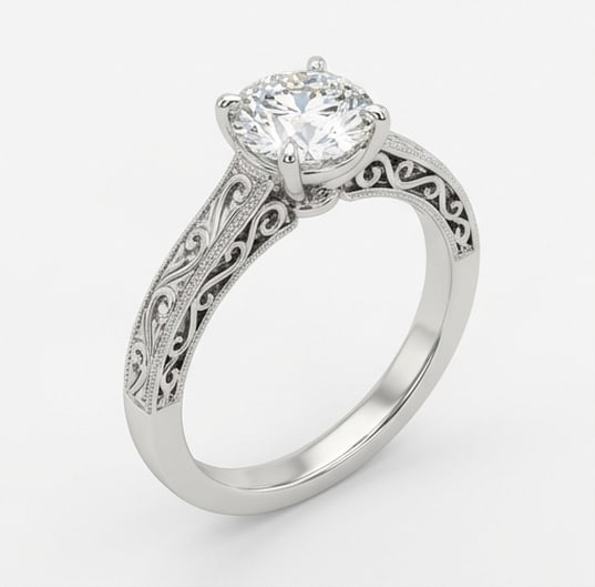 Vintage Solitaire with Filigree/Scroll Shank Round Brilliant 3 ct Lab-Grown Diamond Ring in 14K - 2