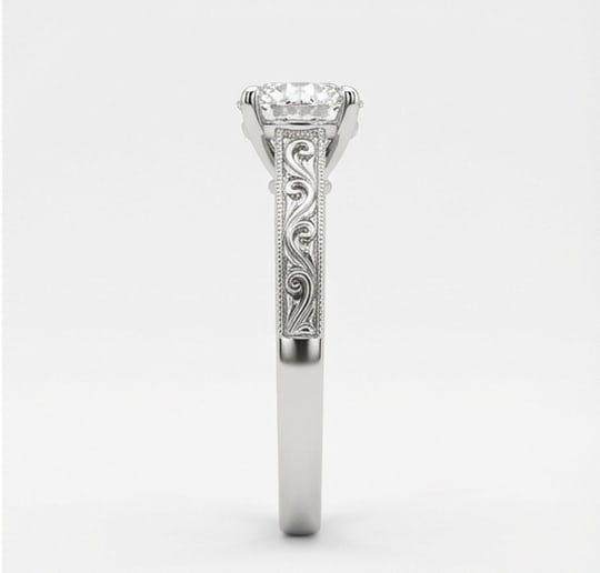 Vintage Solitaire with Filigree/Scroll Shank Round Brilliant 3 ct Lab-Grown Diamond Ring in 14K - 3