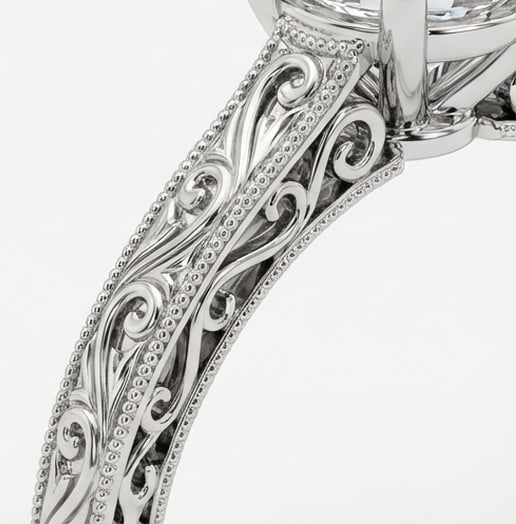 Vintage Solitaire with Filigree/Scroll Shank Round Brilliant 3 ct Lab-Grown Diamond Ring in 14K - 4