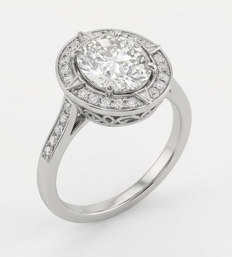 Art Deco Geometric "Compass" Halo Oval Cut 6 ct Lab-Grown Diamond Ring in 14K White Gold - 2