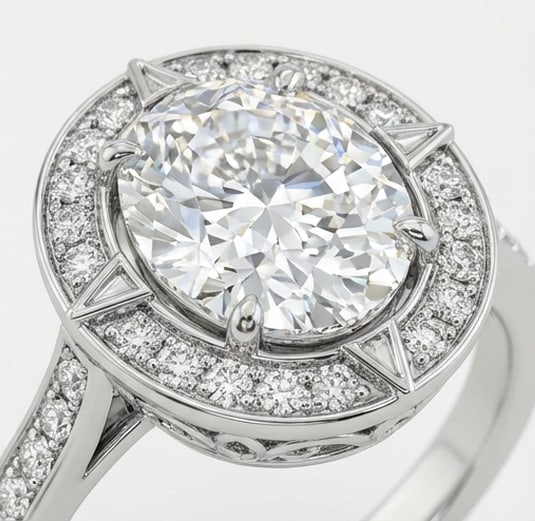 Art Deco Geometric "Compass" Halo Oval Cut 6 ct Lab-Grown Diamond Ring in 14K White Gold - 3