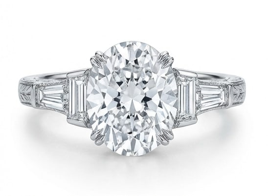 Vintage Three-Stone with Tapered Baguettes Oval Cut 4 ct Lab-Grown Diamond Ring in 14K White Gold: Title: Vintage Three-Stone with Tapered Baguettes Oval Cut 4 ct Lab-Grown Diamond Ring in 14K White Gold Description: This refined vintage three-stone with tapered baguettes ring features a 4 ct lab-g