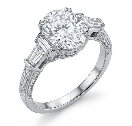 Vintage Three-Stone with Tapered Baguettes Oval Cut 4 ct Lab-Grown Diamond Ring in 14K White Gold - 2