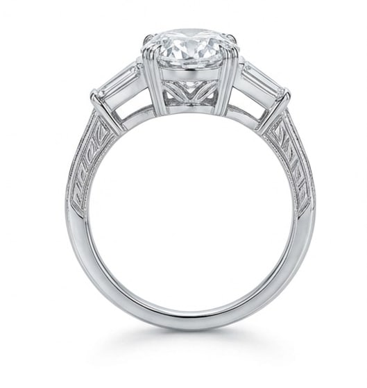 Vintage Three-Stone with Tapered Baguettes Oval Cut 4 ct Lab-Grown Diamond Ring in 14K White Gold - 4