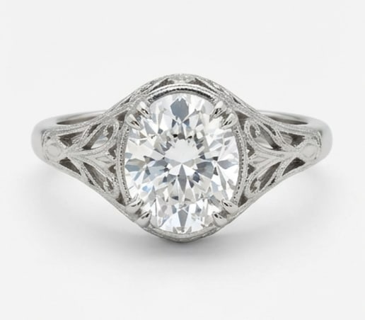 Art Nouveau Filigree Solitaire Oval Cut 4 ct Lab-Grown Diamond Ring in 14K White Gold: Title: Art Nouveau Filigree Solitaire Oval Cut 4 ct Lab-Grown Diamond Ring in 14K White Gold Description: This refined art nouveau filigree solitaire ring features a 4 ct lab-grown diamond in a oval c