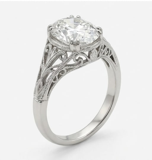 Art Nouveau Filigree Solitaire Oval Cut 4 ct Lab-Grown Diamond Ring in 14K White Gold - 2