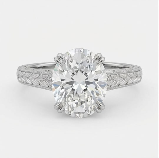 Vintage Solitaire with Wheat Engraved Shoulders Oval Cut 3 ct Lab-Grown Diamond Ring in 14K White: Title: Vintage Solitaire with Wheat Engraved Shoulders Oval Cut 3 ct Lab-Grown Diamond Ring in 14K White Gold Description: This refined vintage solitaire with wheat engraved shoulders ring features a