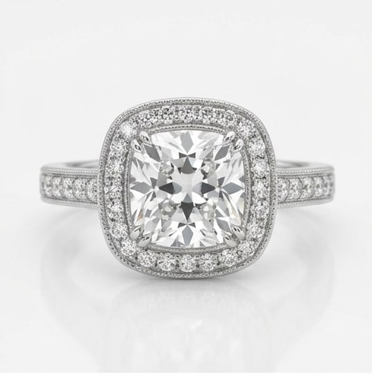 Cushion Halo with Pave Band & Milgrain Cushion Cut 4 ct Lab-Grown Diamond Ring in 14K White Gold: Title: Cushion Halo with Pave Band & Milgrain Cushion Cut 4 ct Lab-Grown Diamond Ring in 14K White Gold Description: This refined cushion halo with pave band & milgrain ring features a 4 ct lab-grown