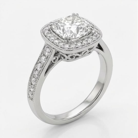 Cushion Halo with Pave Band & Milgrain Cushion Cut 4 ct Lab-Grown Diamond Ring in 14K White Gold - 2