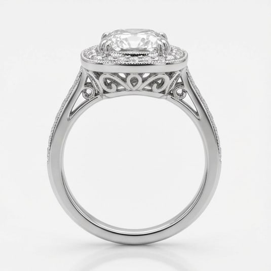 Cushion Halo with Pave Band & Milgrain Cushion Cut 4 ct Lab-Grown Diamond Ring in 14K White Gold - 3