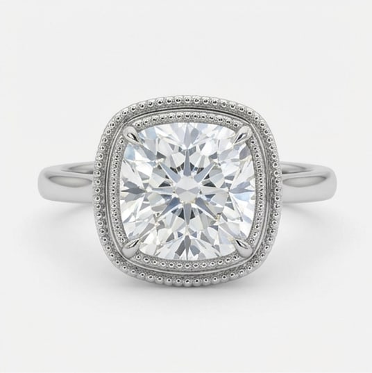 Bezel Set Halo with Milgrain Rim Cushion Cut 4 ct Lab-Grown Diamond Ring in 14K White Gold: Title: Bezel Set Halo with Milgrain Rim Cushion Cut 4 ct Lab-Grown Diamond Ring in 14K White Gold Description: This refined bezel set halo with milgrain rim ring features a 4 ct lab-grown diamond in a