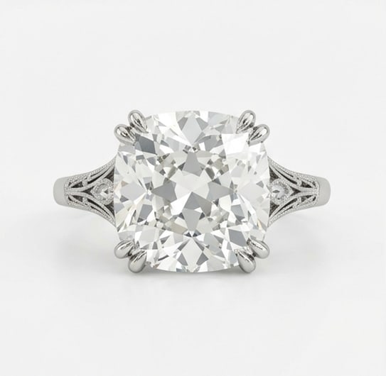 Vintage Split Shank with Filigree & Pave Cushion Cut 3 ct Lab-Grown Diamond Ring in 14K White Gold: Title: Vintage Split Shank with Filigree & Pave Cushion Cut 3 ct Lab-Grown Diamond Ring in 14K White Gold Description: This refined vintage split shank with filigree & pave ring features a 3 ct lab-gr