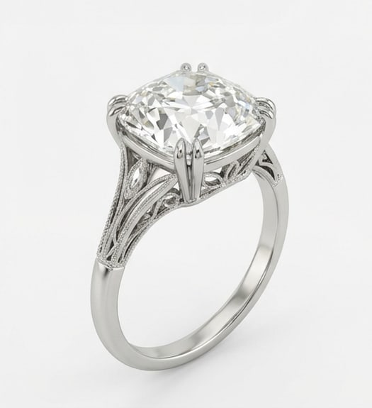 Vintage Split Shank with Filigree & Pave Cushion Cut 3 ct Lab-Grown Diamond Ring in 14K White Gold - 2