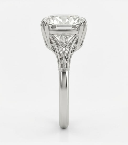 Vintage Split Shank with Filigree & Pave Cushion Cut 3 ct Lab-Grown Diamond Ring in 14K White Gold - 4