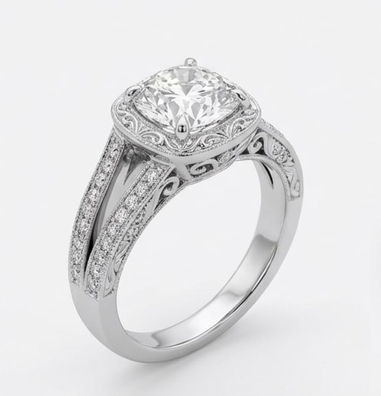 Vintage Cushion Halo with Split Shank Cushion Cut 4 ct Lab-Grown Diamond Ring in 14K White Gold - 2