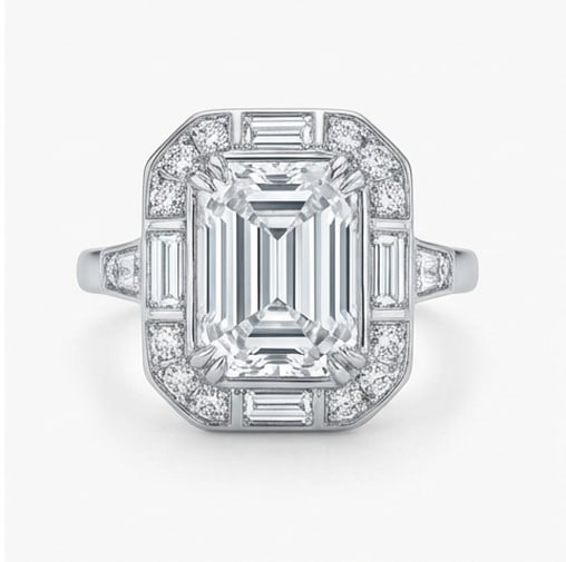 Art Deco Geometric "Mosaic" Halo Emerald Cut 6 ct Lab-Grown Diamond Ring in 14K White Gold: Title: Art Deco Geometric "Mosaic" Halo Emerald Cut 6 ct Lab-Grown Diamond Ring in 14K White Gold Description: This refined art deco geometric "mosaic" halo ring features a 6 ct lab-grown diamond in a