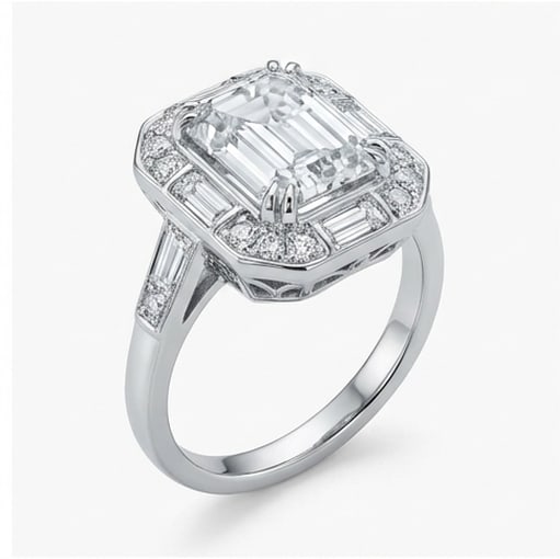 Art Deco Geometric "Mosaic" Halo Emerald Cut 6 ct Lab-Grown Diamond Ring in 14K White Gold - 2
