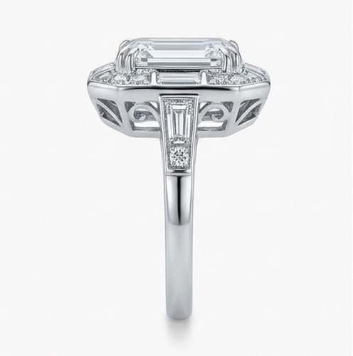 Art Deco Geometric "Mosaic" Halo Emerald Cut 6 ct Lab-Grown Diamond Ring in 14K White Gold - 3