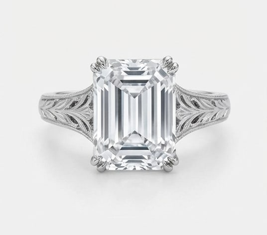 Solitaire with Hand Engraved Shoulders Emerald Cut 5 ct Lab-Grown Diamond Ring in 14K White Gold: Title: Solitaire with Hand Engraved Shoulders Emerald Cut 5 ct Lab-Grown Diamond Ring in 14K White Gold Description: This refined solitaire with hand engraved shoulders ring features a 5 ct lab-grown