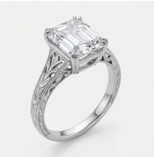 Solitaire with Hand Engraved Shoulders Emerald Cut 5 ct Lab-Grown Diamond Ring in 14K White Gold - 2
