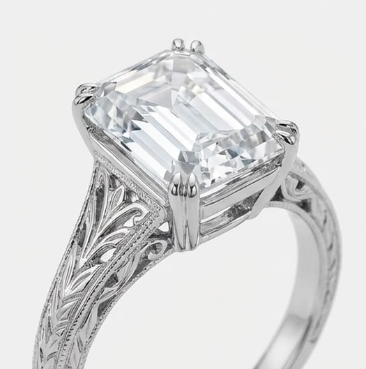 Solitaire with Hand Engraved Shoulders Emerald Cut 5 ct Lab-Grown Diamond Ring in 14K White Gold - 3