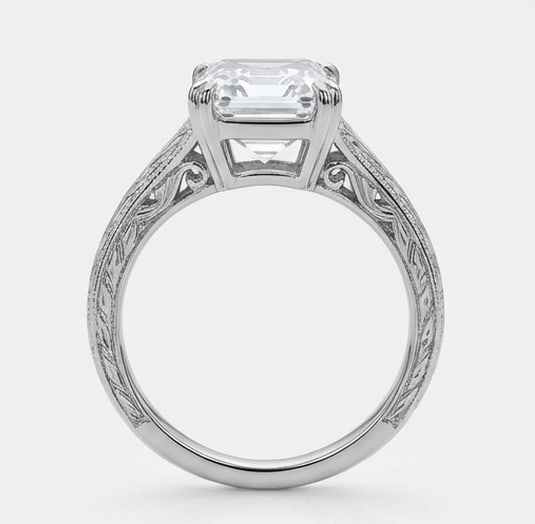 Solitaire with Hand Engraved Shoulders Emerald Cut 5 ct Lab-Grown Diamond Ring in 14K White Gold - 4