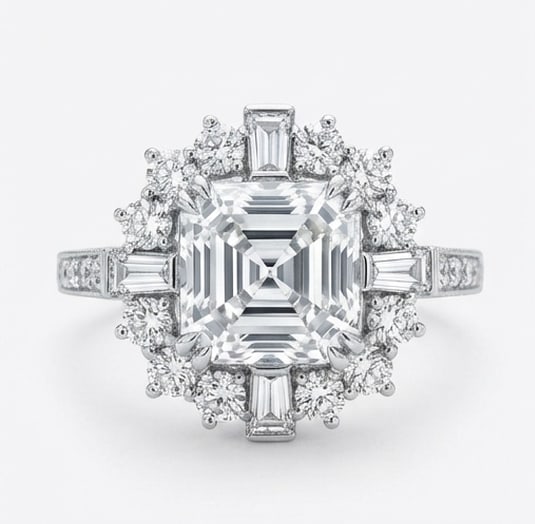 Art Deco "Mosaic" Ballerina Halo Asscher Cut 4 ct Lab-Grown Diamond Ring in 14K White Gold: Title: Art Deco "Mosaic" Ballerina Halo Asscher Cut 4 ct Lab-Grown Diamond Ring in 14K White Gold Description: This refined art deco "mosaic" ballerina halo ring features a 4 ct lab-grown diamond in a