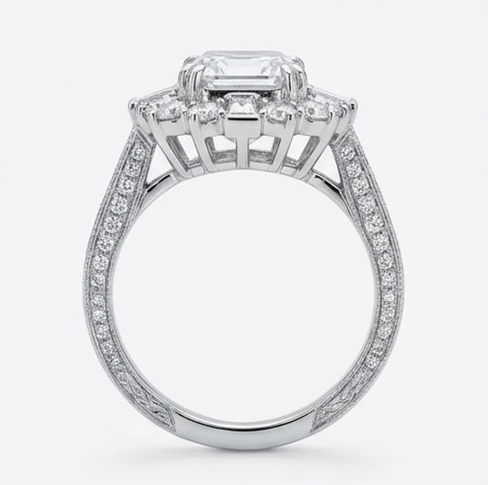 Art Deco "Mosaic" Ballerina Halo Asscher Cut 4 ct Lab-Grown Diamond Ring in 14K White Gold - 2