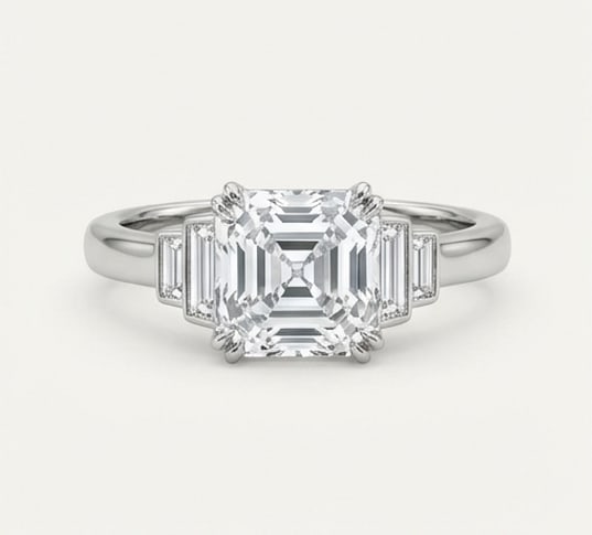 Classic Three-Stone Step Design Asscher Cut 3 ct Lab-Grown Diamond Ring in 14K White Gold: Title: Classic Three-Stone Step Design Asscher Cut 3 ct Lab-Grown Diamond Ring in 14K White Gold Description: This refined classic three-stone step design ring features a 3 ct lab-grown diamond in a a