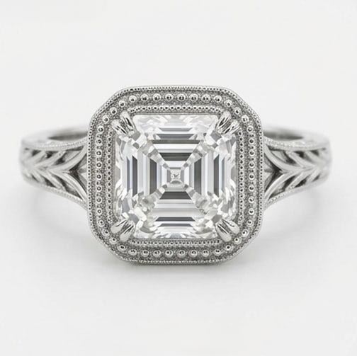 Vintage Bezel with Split Filigree Shank Asscher Cut 4 ct Lab-Grown Diamond Ring in 14K White Gold: Title: Vintage Bezel with Split Filigree Shank Asscher Cut 4 ct Lab-Grown Diamond Ring in 14K White Gold Description: This refined vintage bezel with split filigree shank ring features a 4 ct lab-grow