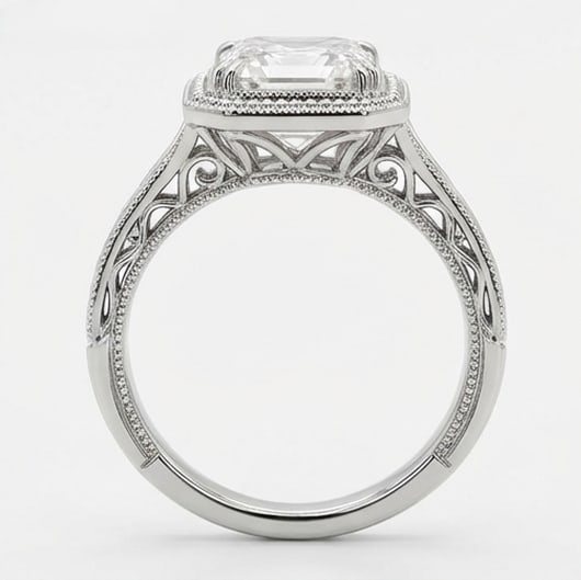 Vintage Bezel with Split Filigree Shank Asscher Cut 4 ct Lab-Grown Diamond Ring in 14K White Gold - 3