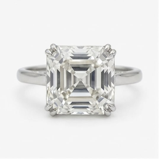 Modern Solitaire (Double Claw Prongs) Asscher Cut 5 ct Lab-Grown Diamond Ring in 14K White Gold: Title: Modern Solitaire (Double Claw Prongs) Asscher Cut 5 ct Lab-Grown Diamond Ring in 14K White Gold Description: This refined modern solitaire (double claw prongs) ring features a 5 ct lab-grown di