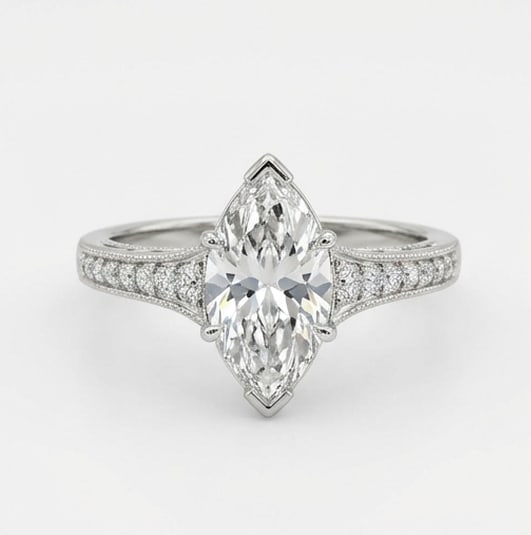 Vintage Split Shank with Pave Marquise Cut 5 ct Lab-Grown Diamond Ring in 14K White Gold: Title: Vintage Split Shank with Pave Marquise Cut 5 ct Lab-Grown Diamond Ring in 14K White Gold Description: This refined vintage split shank with pave ring features a 5 ct lab-grown diamond in a marq