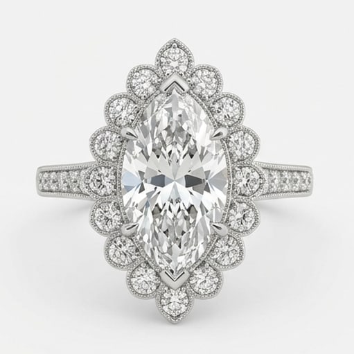 Floral Scalloped Halo (Cluster Style) Marquise Cut 6 ct Lab-Grown Diamond Ring in 14K White Gold: Title: Floral Scalloped Halo (Cluster Style) Marquise Cut 6 ct Lab-Grown Diamond Ring in 14K White Gold Description: This refined floral scalloped halo (cluster style) ring features a 6 ct lab-grown d