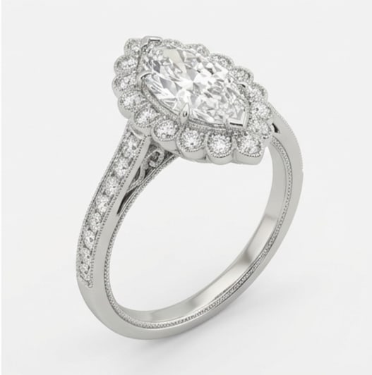 Floral Scalloped Halo (Cluster Style) Marquise Cut 6 ct Lab-Grown Diamond Ring in 14K White Gold - 2