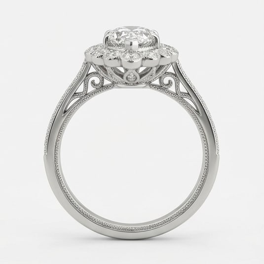 Floral Scalloped Halo (Cluster Style) Marquise Cut 6 ct Lab-Grown Diamond Ring in 14K White Gold - 3