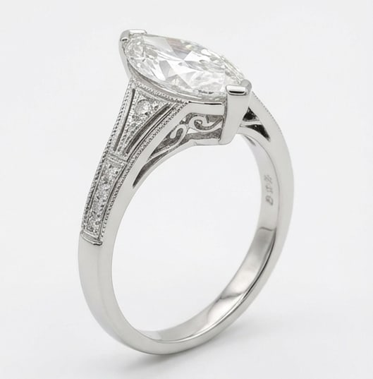 Art Deco Split Shank with Milgrain Marquise Cut 4 ct Lab-Grown Diamond Ring in 14K White Gold - 2