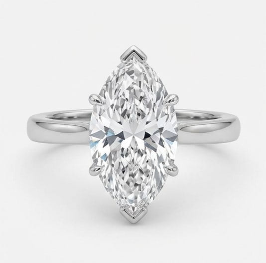 Modern Solitaire (V-Tip Prongs) Marquise Cut 3 ct Lab-Grown Diamond Ring in 14K White Gold: Title: Modern Solitaire (V-Tip Prongs) Marquise Cut 3 ct Lab-Grown Diamond Ring in 14K White Gold Description: This refined modern solitaire (v-tip prongs) ring features a 3 ct lab-grown diamond in a