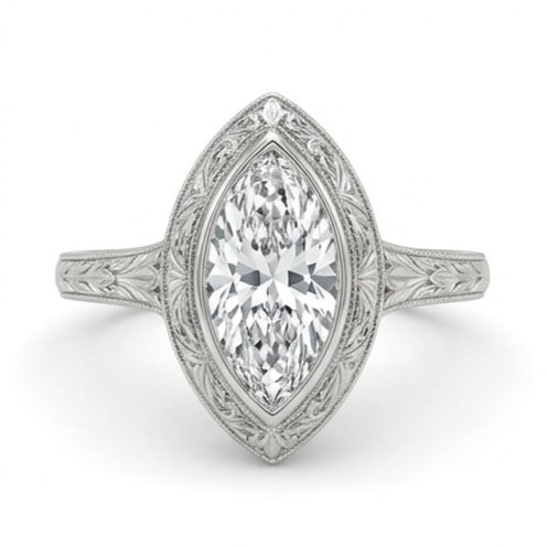 Vintage Bezel Solitaire with Engraving Marquise Cut 3 ct Lab-Grown Diamond Ring in 14K White Gold: Title: Vintage Bezel Solitaire with Engraving Marquise Cut 3 ct Lab-Grown Diamond Ring in 14K White Gold Description: This refined vintage bezel solitaire with engraving ring features a 3 ct lab-grown