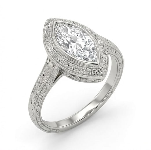 Vintage Bezel Solitaire with Engraving Marquise Cut 3 ct Lab-Grown Diamond Ring in 14K White Gold - 2