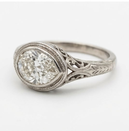 Vintage Bezel Set with Filigree Shoulders Pear Shape 4 ct Lab-Grown Diamond Ring in 14K White Gold - 2