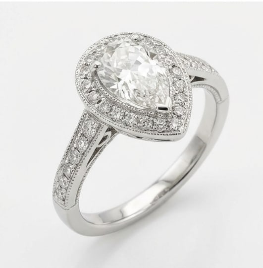 Classic Halo with Pave Band & Milgrain Pear Shape 5 ct Lab-Grown Diamond Ring in 14K White Gold - 2