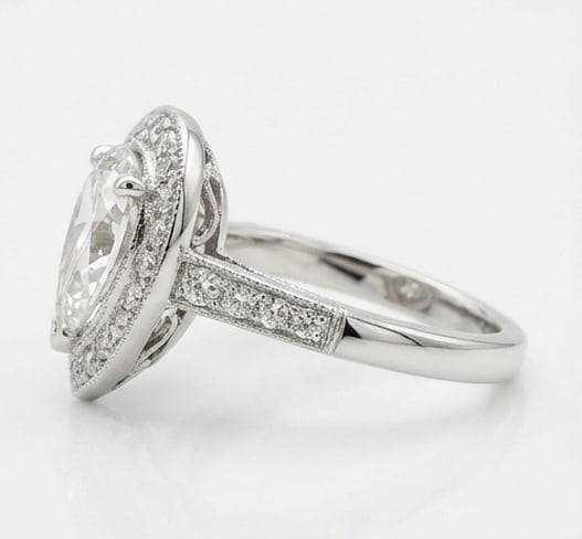 Classic Halo with Pave Band & Milgrain Pear Shape 5 ct Lab-Grown Diamond Ring in 14K White Gold - 3