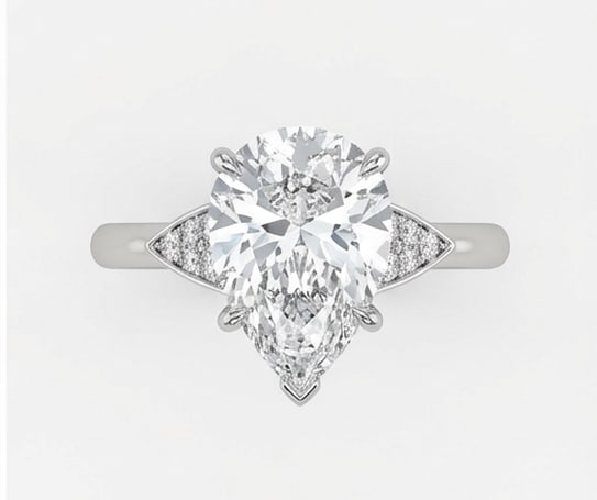 Modern Solitaire with Geometric Pave Accents Pear Shape 7 ct Lab-Grown Diamond Ring in 14K White: Title: Modern Solitaire with Geometric Pave Accents Pear Shape 7 ct Lab-Grown Diamond Ring in 14K White Gold Description: This refined modern solitaire with geometric pave accents ring features a 7 ct