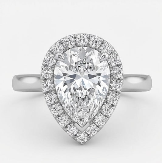 Classic Halo with Plain Band Pear Shape 6 ct Lab-Grown Diamond Ring in 14K White Gold: Title: Classic Halo with Plain Band Pear Shape 6 ct Lab-Grown Diamond Ring in 14K White Gold Description: This refined classic halo with plain band ring features a 6 ct lab-grown diamond in a pear sha