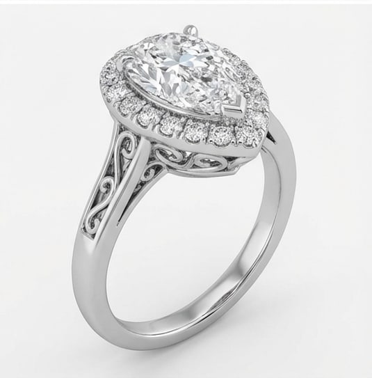 Classic Halo with Plain Band Pear Shape 6 ct Lab-Grown Diamond Ring in 14K White Gold - 2